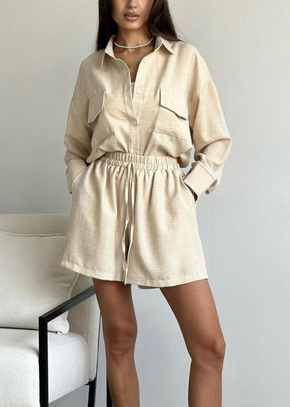 Button Down Shirt And Drawstring Shorts Set Cotton Polyester Blend