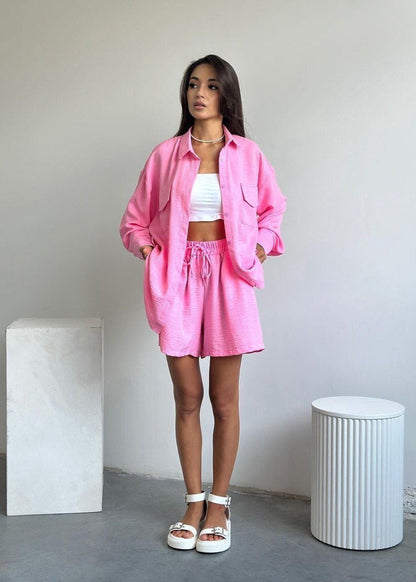 Button Down Shirt And Drawstring Shorts Set Cotton Polyester Blend
