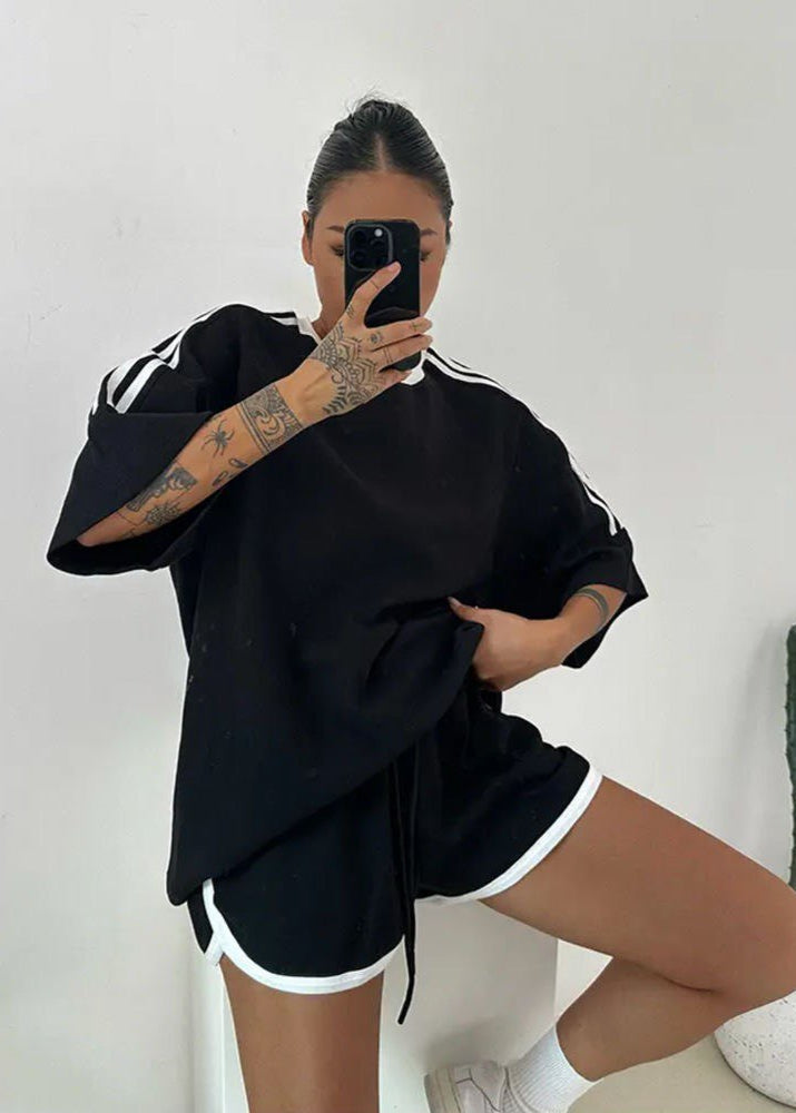 Relaxed Cotton Polyester Tee With Drawstring Shorts