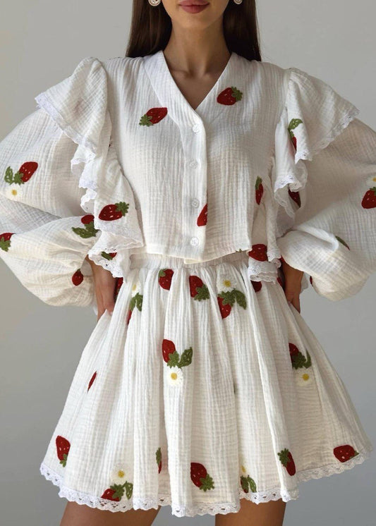 Two Piece Cotton Gauze Ruffled Top Skater Skirt Set