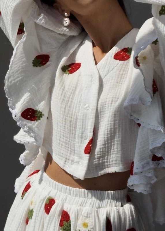 Two Piece Cotton Gauze Ruffled Top Skater Skirt Set