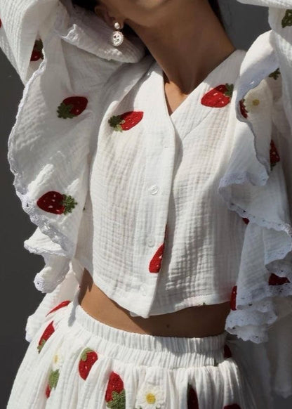 Two Piece Cotton Gauze Ruffled Top Skater Skirt Set