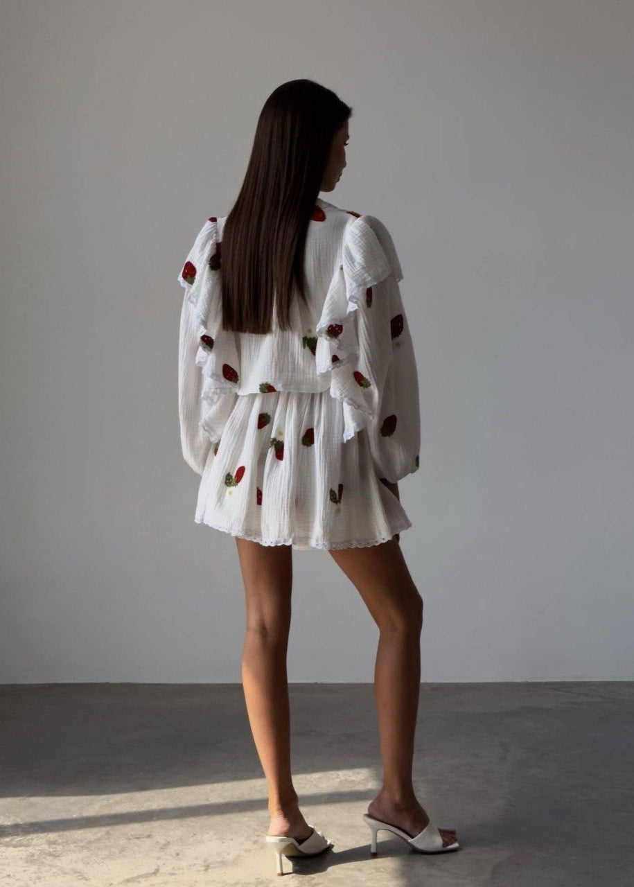 Two Piece Cotton Gauze Ruffled Top Skater Skirt Set