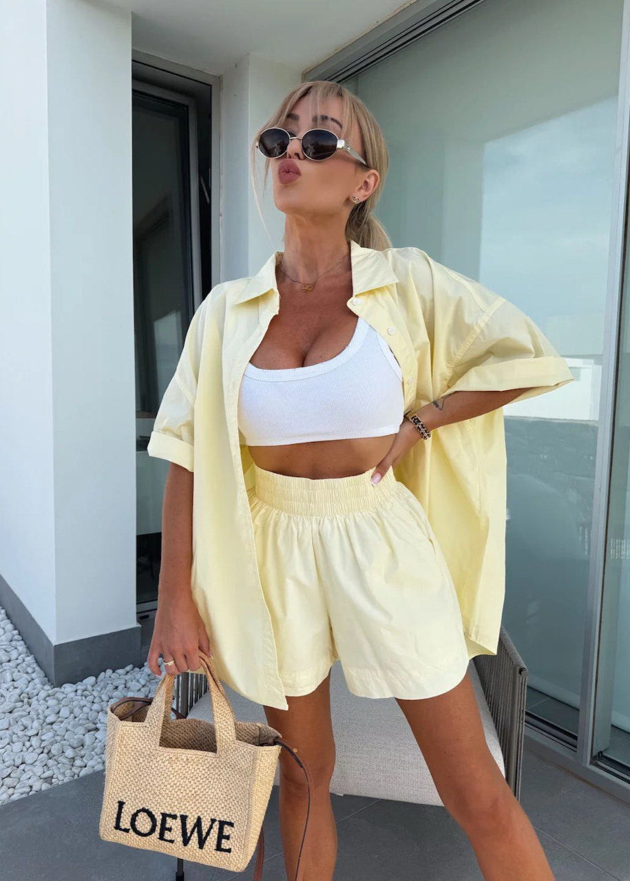 Relaxed Fit Cotton Button Down Shirt And Shorts Set