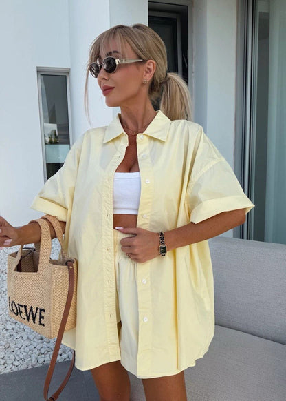 Relaxed Fit Cotton Button Down Shirt And Shorts Set