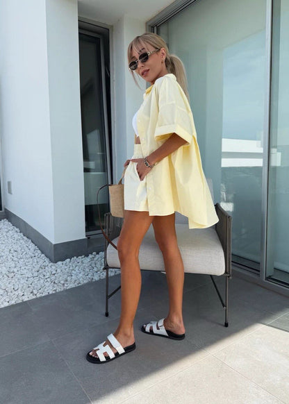 Relaxed Fit Cotton Button Down Shirt And Shorts Set