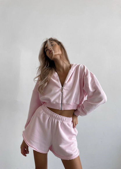 Cotton Blend Zip Hoodie And Raw Hem Shorts Set