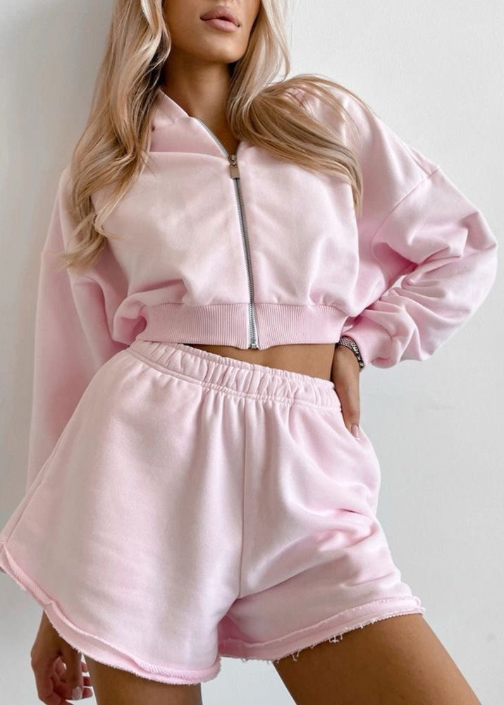 Cotton Blend Zip Hoodie And Raw Hem Shorts Set