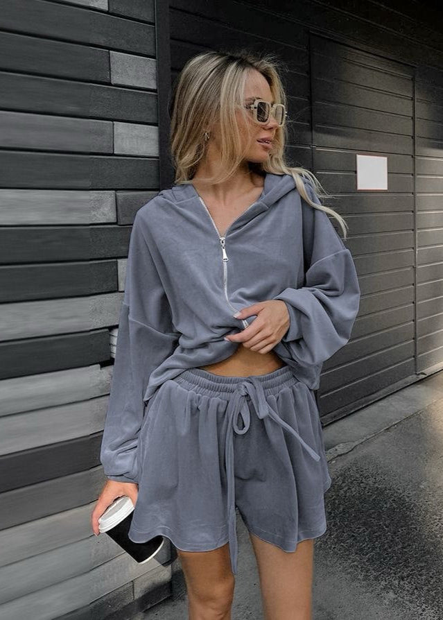 Zip Hoodie And Shorts Velour Lounge Set