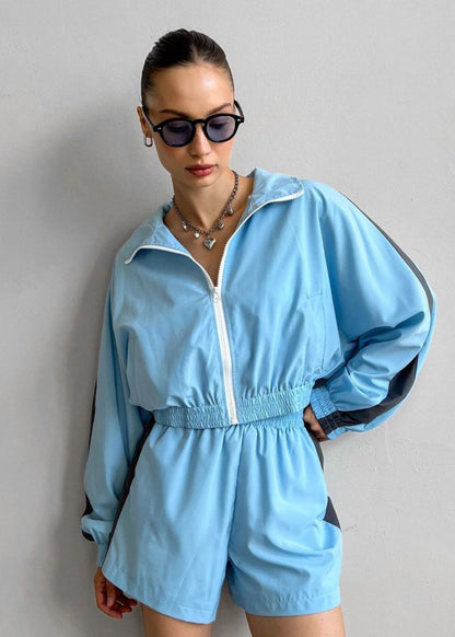 Zip Up Polyester Active Romper With Stripe Detail
