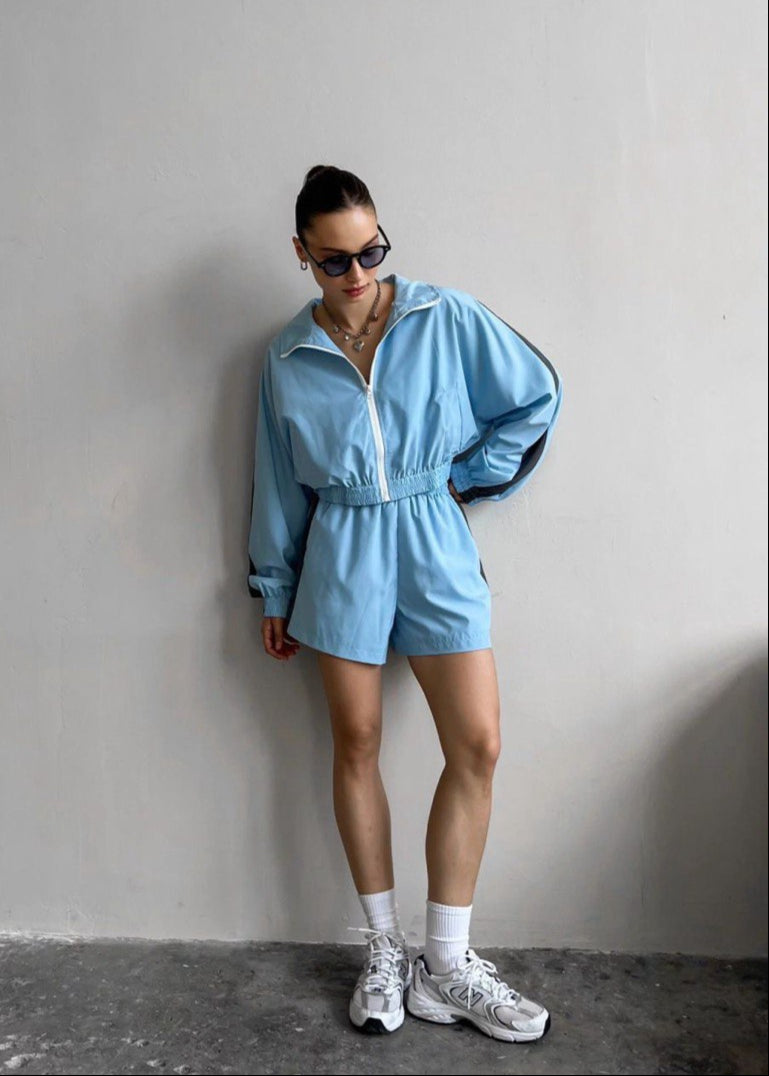 Zip Up Polyester Active Romper With Stripe Detail