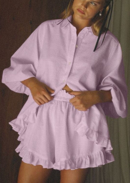 Striped Cotton Button Up Top And Shorts Set