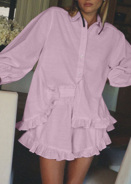Striped Cotton Button Up Top And Shorts Set