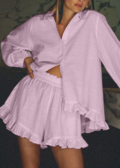 Striped Cotton Button Up Top And Shorts Set