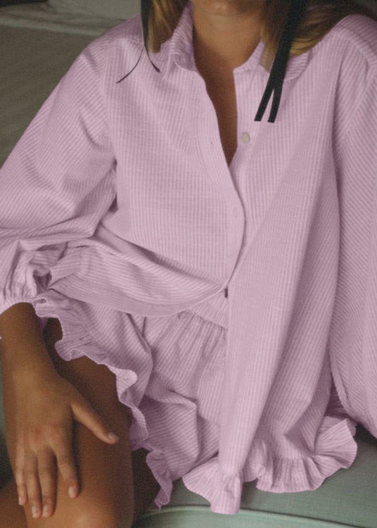 Striped Cotton Button Up Top And Shorts Set
