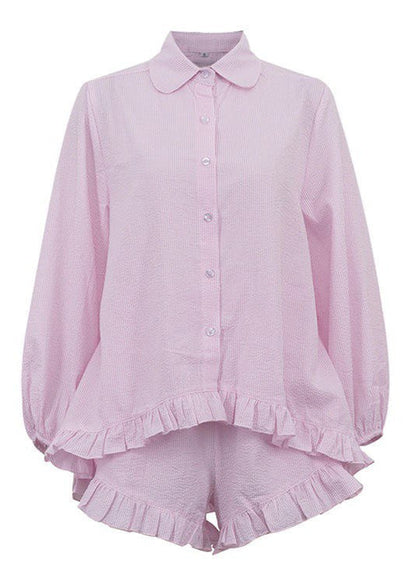 Striped Cotton Button Up Top And Shorts Set