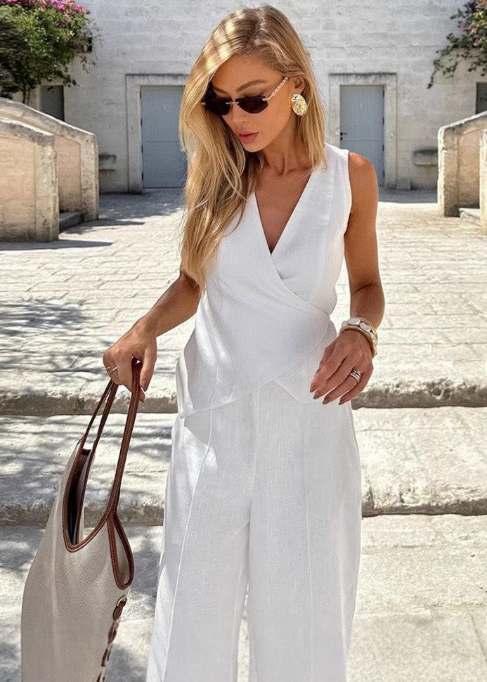 Sleeveless Wrap Top And Wide Leg Trousers Set In White