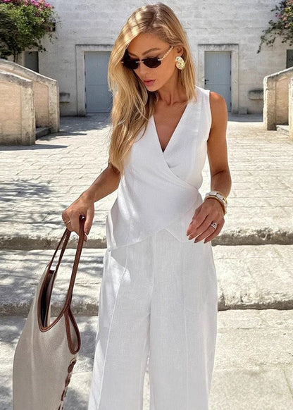 Sleeveless Wrap Top And Wide Leg Trousers Set In White