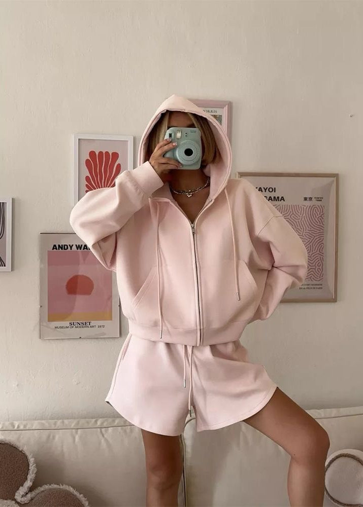 Zip Up Hoodie And Lounge Shorts Set Pink Fleece
