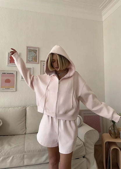 Zip Up Hoodie And Lounge Shorts Set Pink Fleece