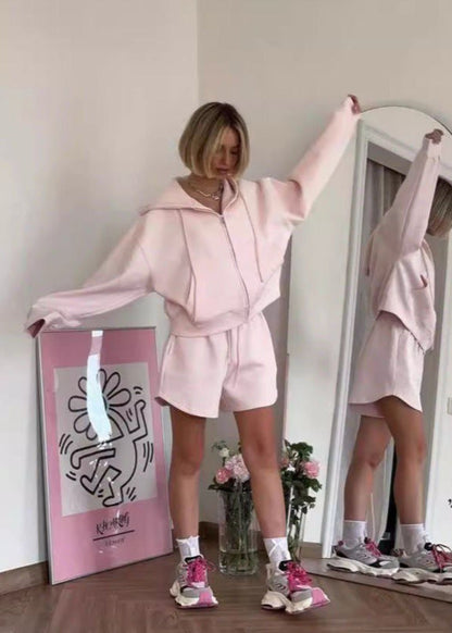 Zip Up Hoodie And Lounge Shorts Set Pink Fleece