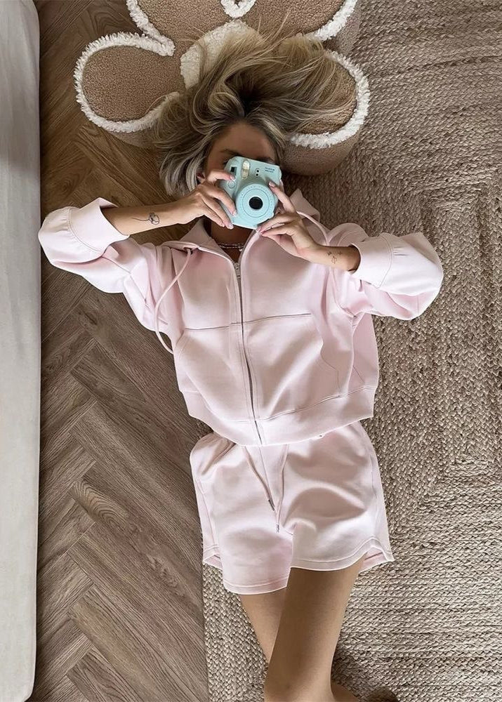 Zip Up Hoodie And Lounge Shorts Set Pink Fleece