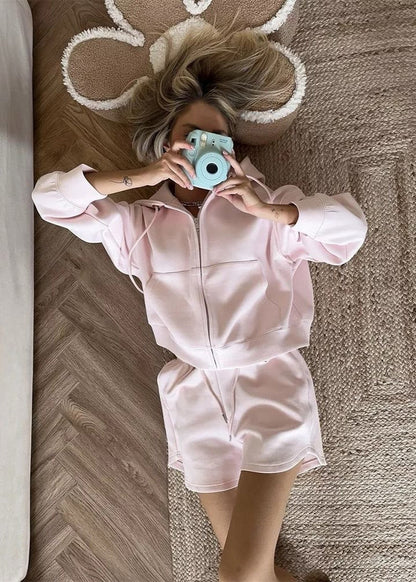 Zip Up Hoodie And Lounge Shorts Set Pink Fleece