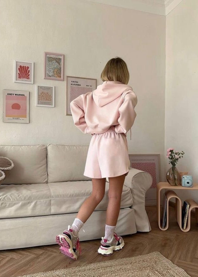 Zip Up Hoodie And Lounge Shorts Set Pink Fleece