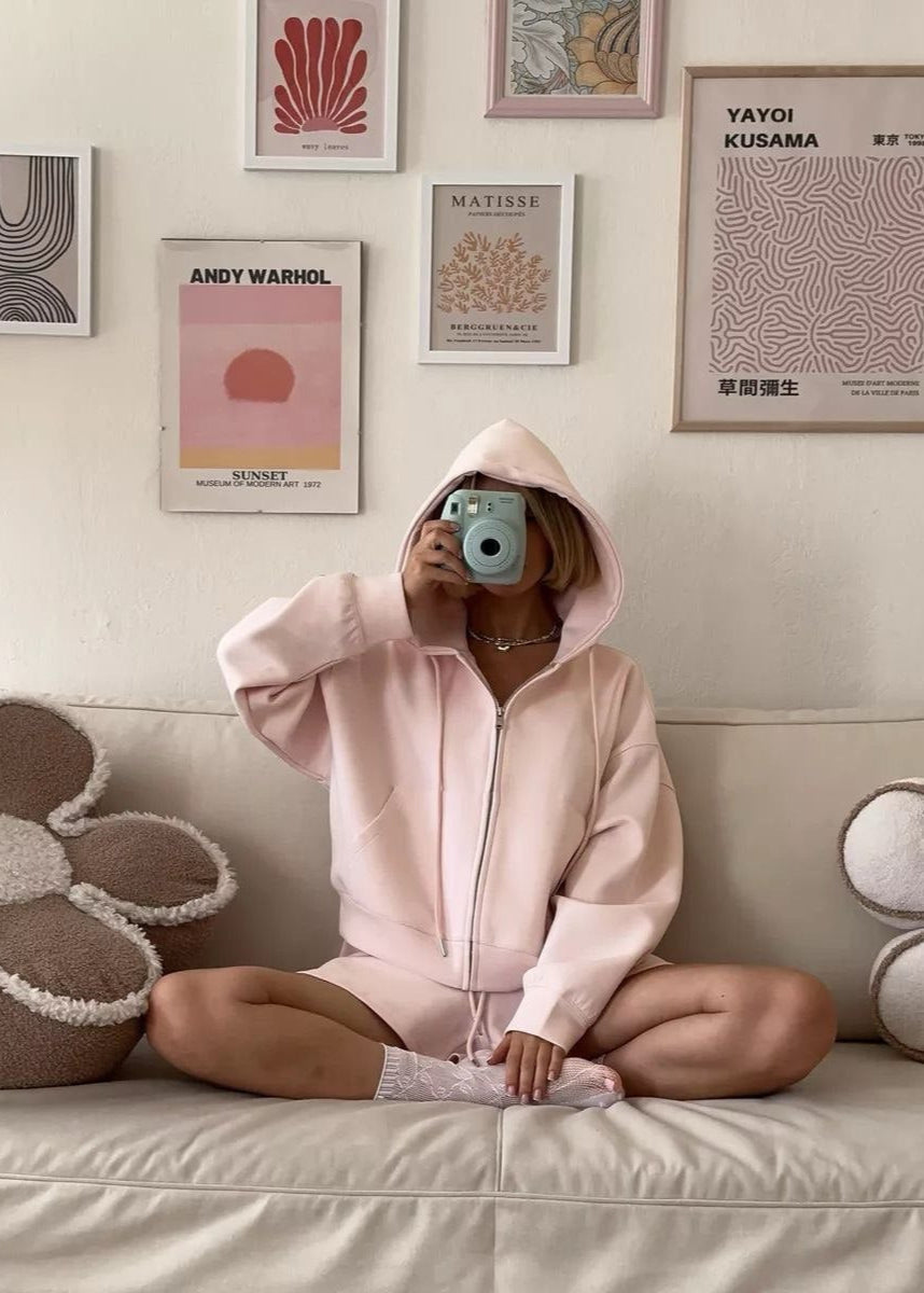 Zip Up Hoodie And Lounge Shorts Set Pink Fleece