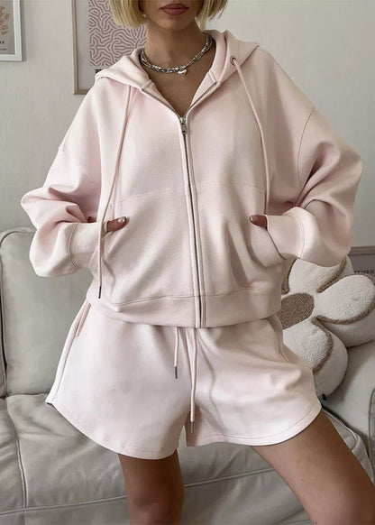 Zip Up Hoodie And Lounge Shorts Set Pink Fleece