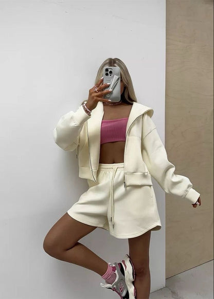 Cotton Blend Hoodie And High Rise Lounge Shorts Set