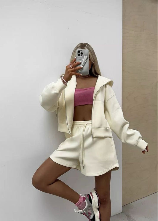 Cotton Blend Hoodie And High Rise Lounge Shorts Set