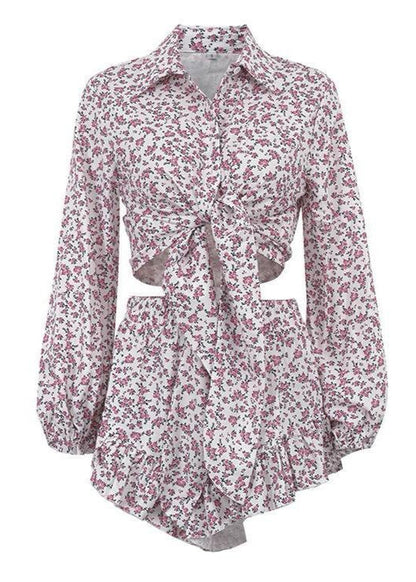Ruffled Floral Two Piece Set In Lightweight Fabric