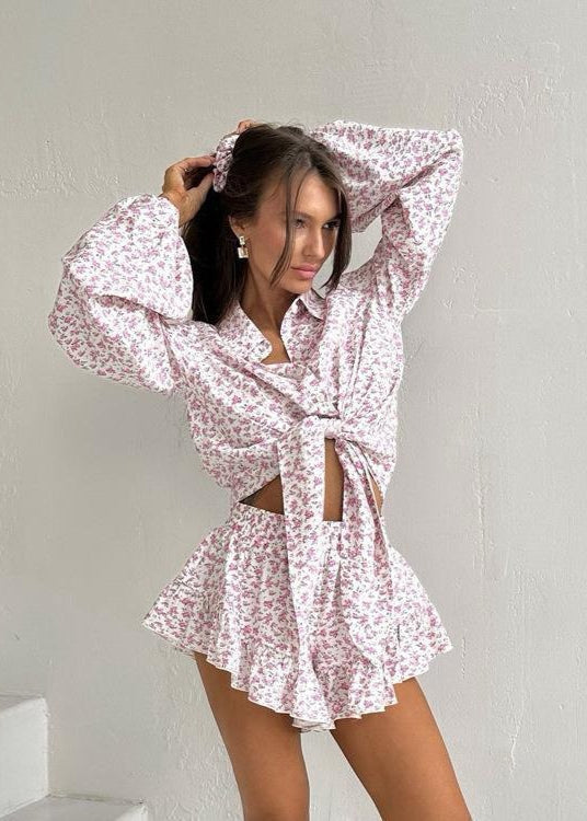 Ruffled Floral Two Piece Set In Lightweight Fabric