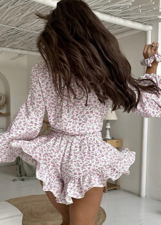 Ruffled Floral Two Piece Set In Lightweight Fabric