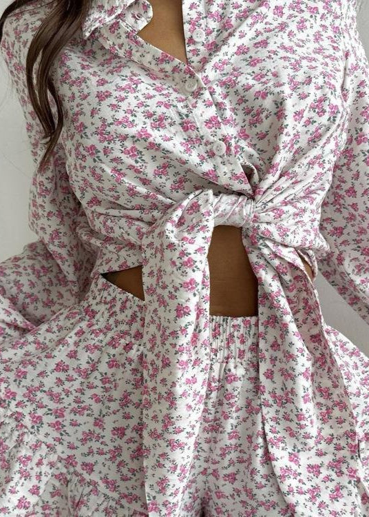 Ruffled Floral Two Piece Set In Lightweight Fabric