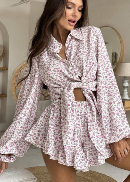 Ruffled Floral Two Piece Set In Lightweight Fabric