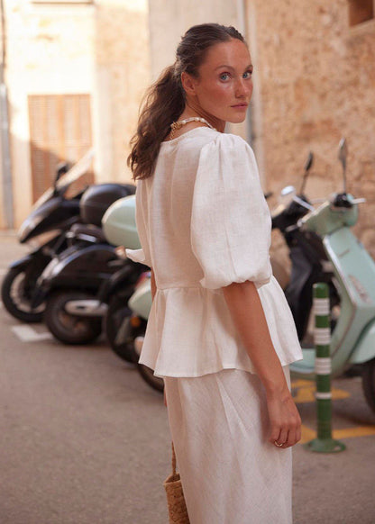 Cotton Peplum Set with Puff Sleeves and Maxi Skirt