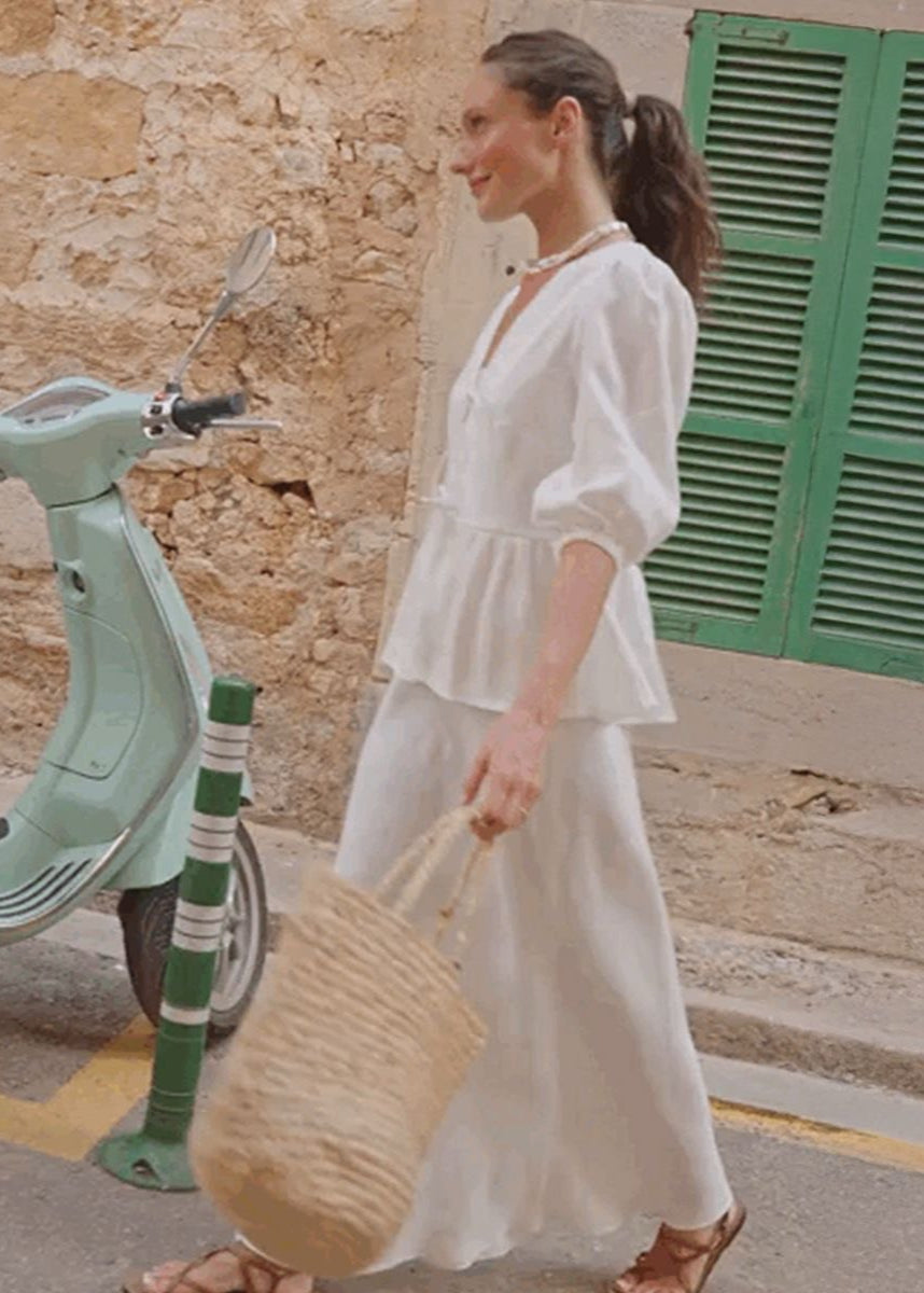 Cotton Peplum Set with Puff Sleeves and Maxi Skirt