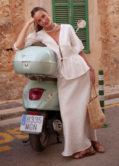 Cotton Peplum Set with Puff Sleeves and Maxi Skirt