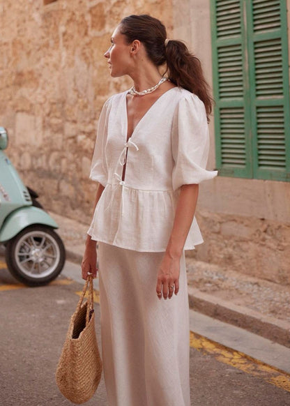 Cotton Peplum Set with Puff Sleeves and Maxi Skirt