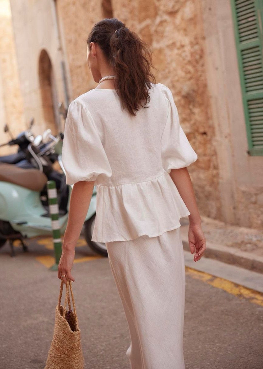 Cotton Peplum Set with Puff Sleeves and Maxi Skirt
