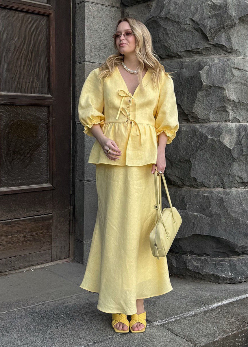 Cotton Puff Sleeve Set with Tie Waist Maxi Skirt