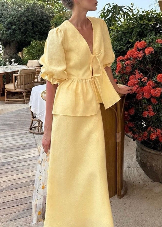 Cotton Puff Sleeve Set with Tie Waist Maxi Skirt