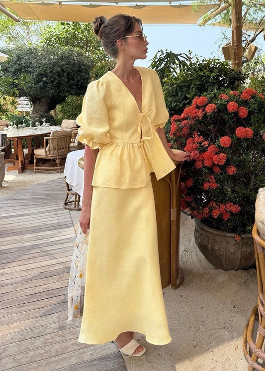 Cotton Puff Sleeve Set with Tie Waist Maxi Skirt