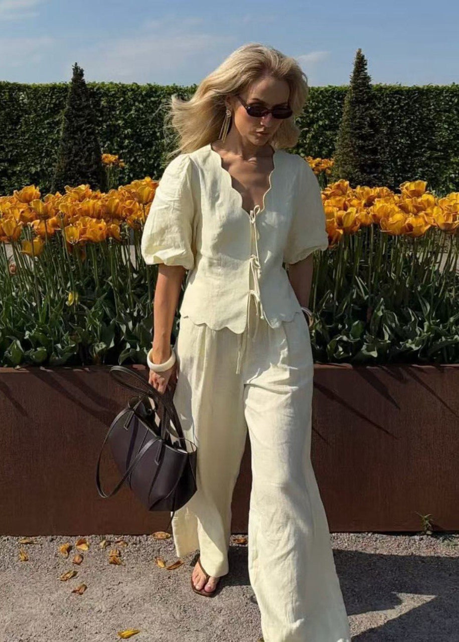 Scalloped Tie Front Blouse And Wide Leg Pants Set Polyester