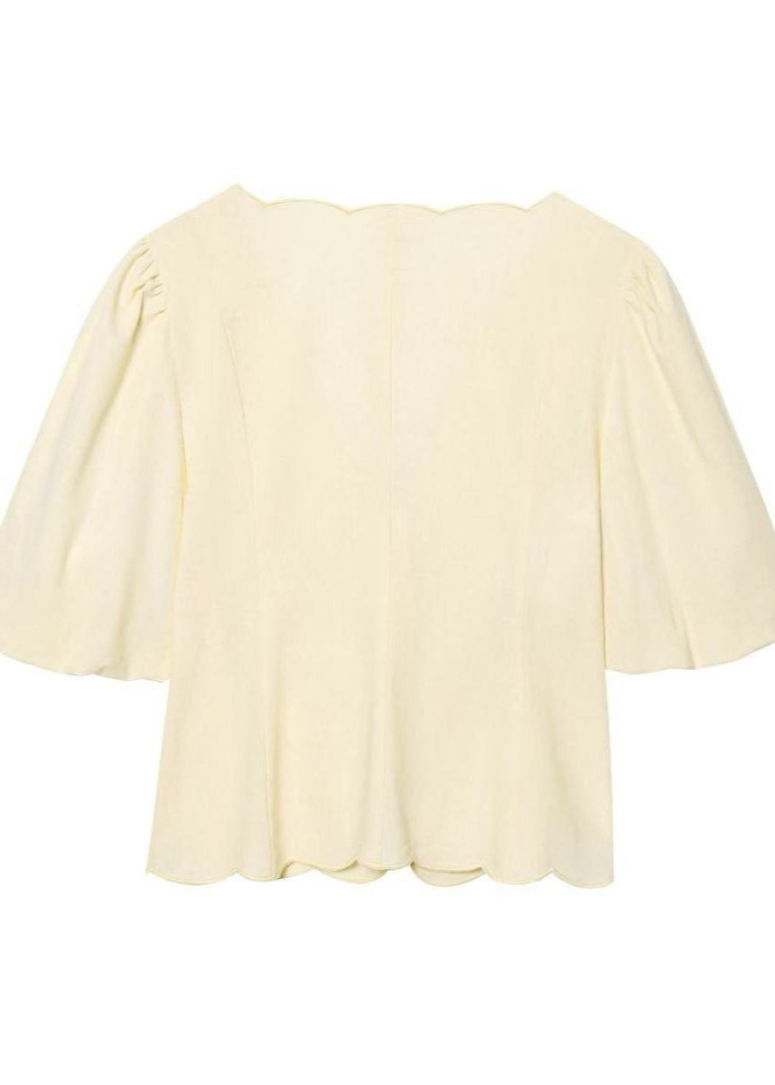 Scalloped Tie Front Blouse And Wide Leg Pants Set Polyester
