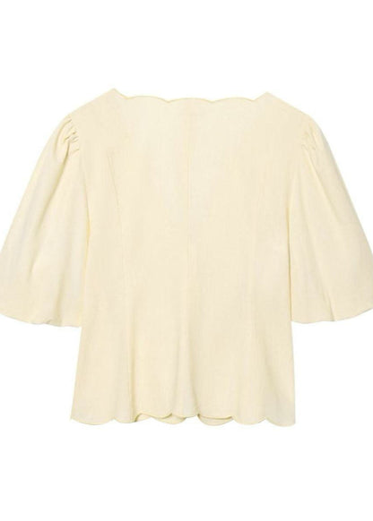 Scalloped Tie Front Blouse And Wide Leg Pants Set Polyester