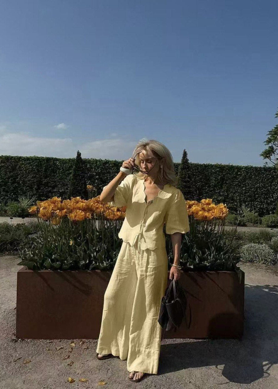 Scalloped Tie Front Blouse And Wide Leg Pants Set Polyester