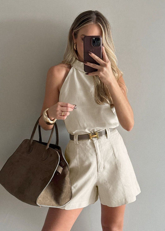 Linen Blend Halter Neck Shorts Set Khaki